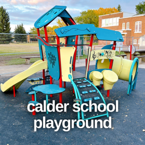Calder School Playground in Edmonton has a toy car racetrack.