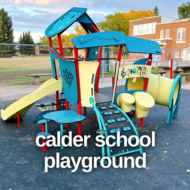 Calder School Playground in Edmonton has a toy car racetrack.