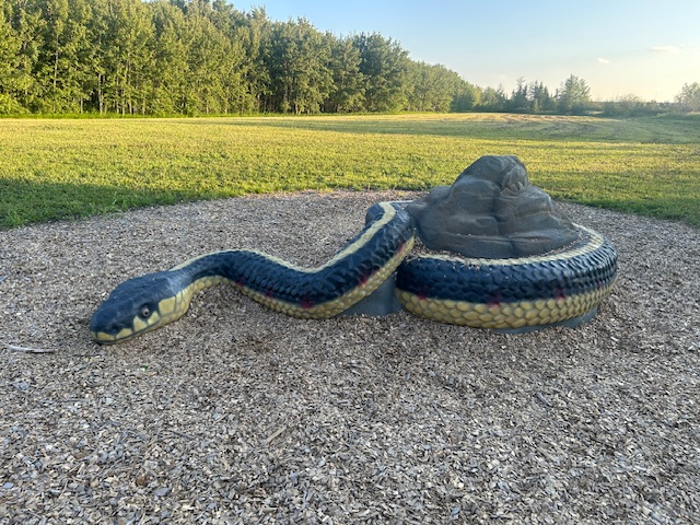 Northy the garter snake is among the animal statues in Heritage Trails Park in Fort Saskatchewan
