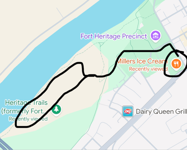 This map shows the route we walked in Heritage Trails Park - including a stop at Miller's Ice Cream